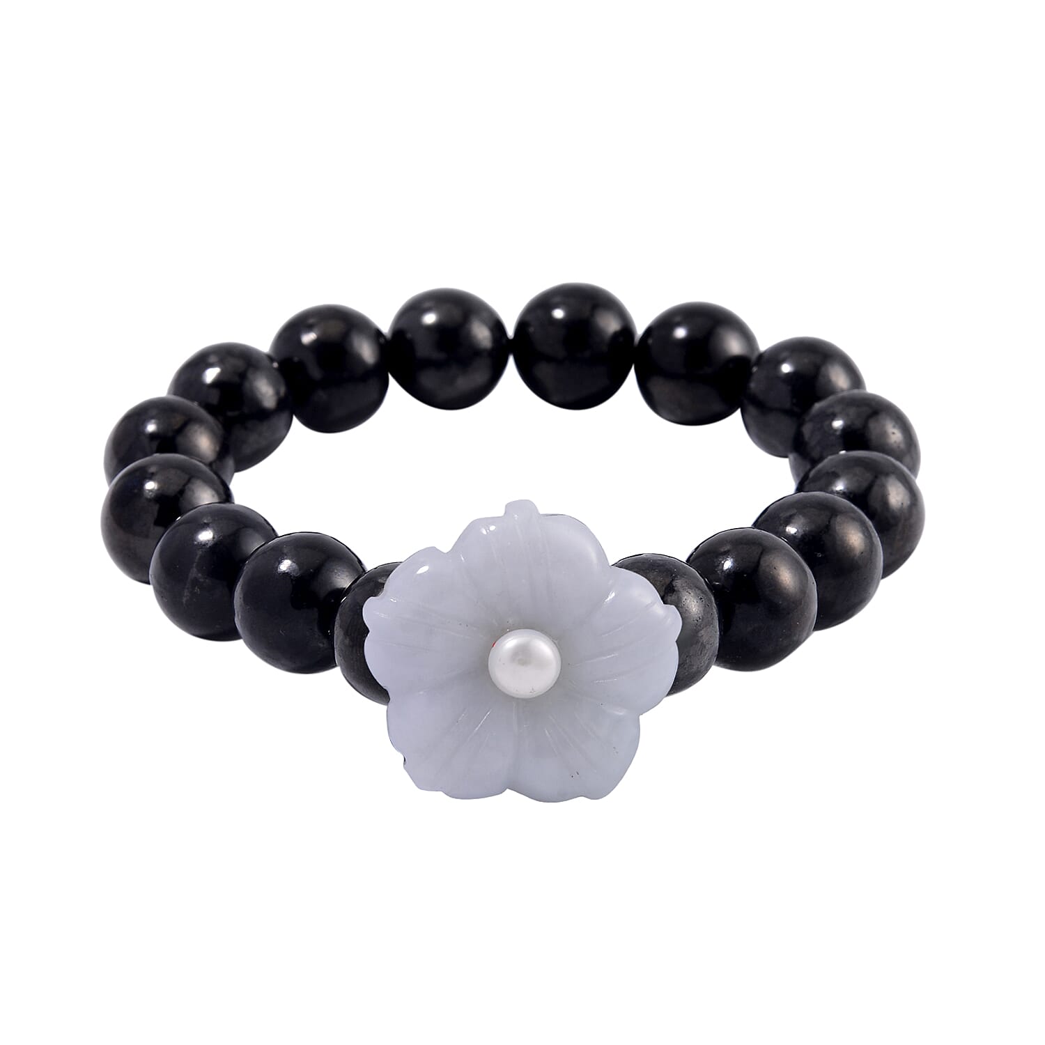 TLV White Jade Carved Flower, Freshwater Pearl, Shungite Beaded Bracelet in Rhodium Over Sterling Silver (6.50-7.00In) 110.00 ctw