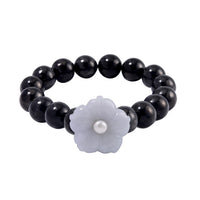 TLV White Jade Carved Flower, Freshwater Pearl, Shungite Beaded Bracelet in Rhodium Over Sterling Silver (6.50-7.00In) 110.00 ctw