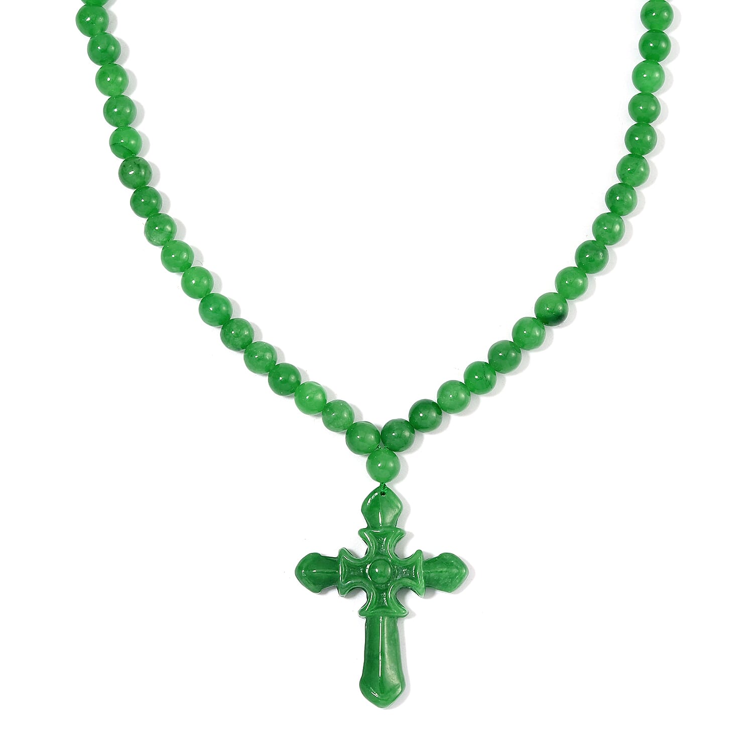 Green Jade (D) 308.00 ctw Cross Carved Pendant with Beaded Necklace in Rhodium Over Sterling Silver 20 Inches