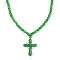 Green Jade (D) 308.00 ctw Cross Carved Pendant with Beaded Necklace in Rhodium Over Sterling Silver 20 Inches - Sticky add to cart bar