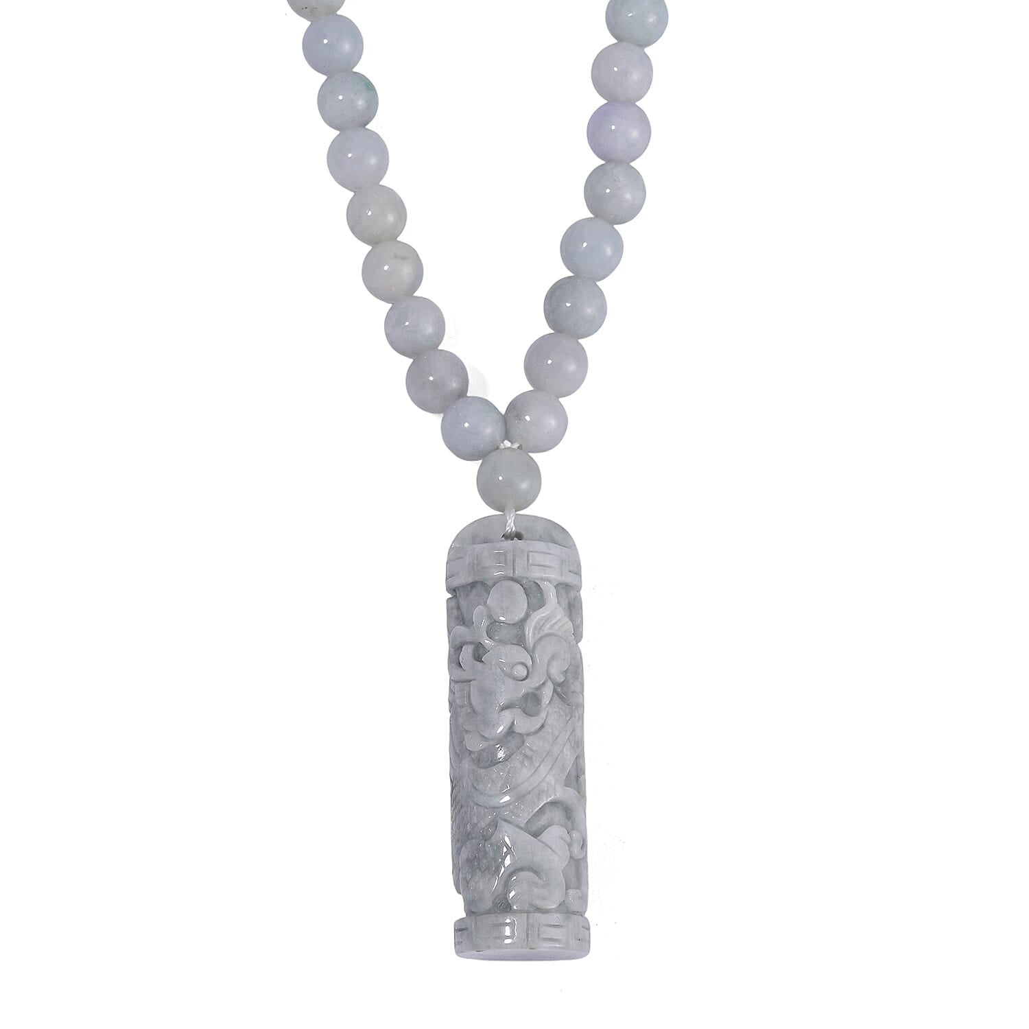 Natural Jade Carved Dragon Beaded Necklace 20 Inches in Rhodium Over Sterling Silver 308.00 ctw