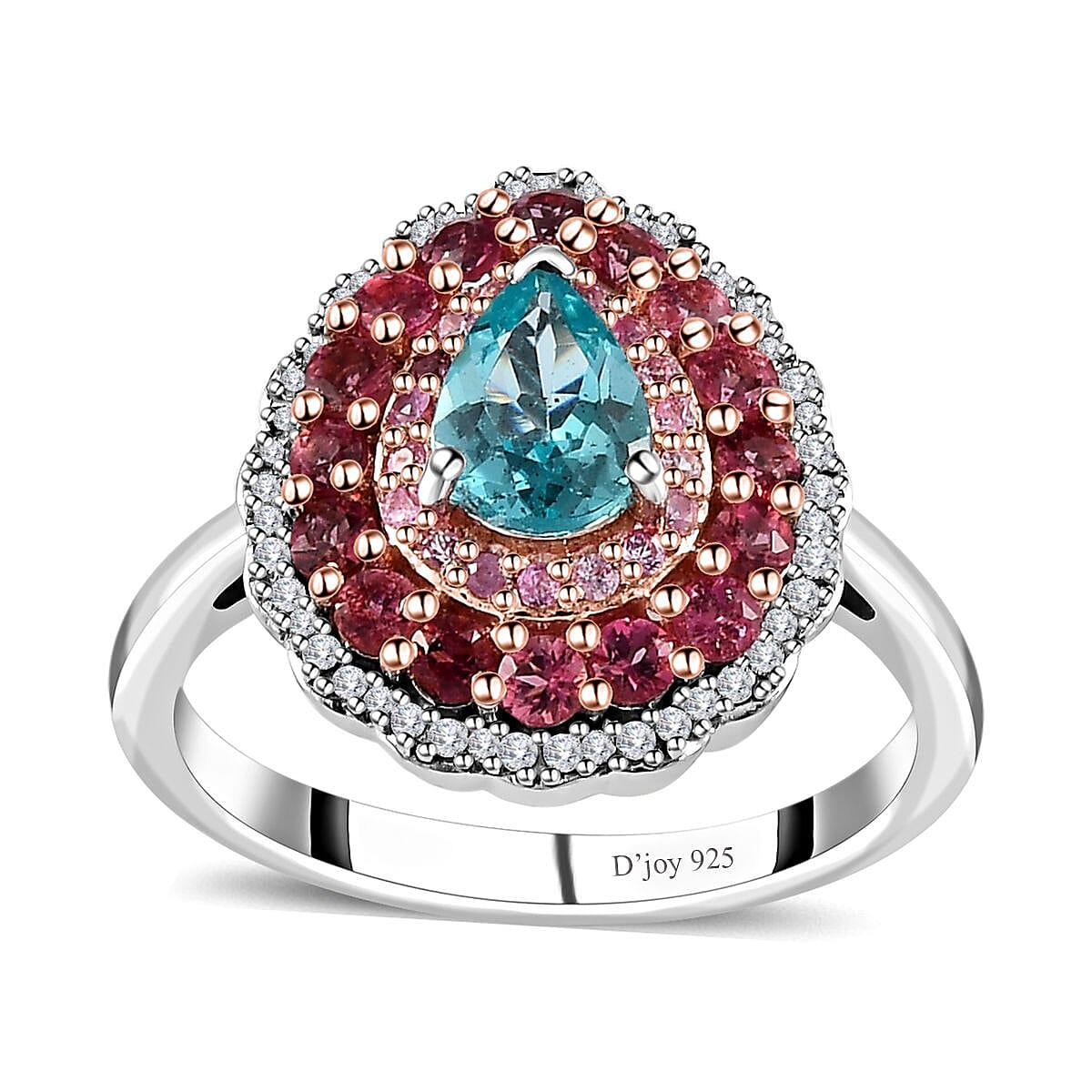 Madagascar Paraiba Apatite, Multi Gemstone Ring in Vermeil RG and Platinum Over Sterling Silver (Size 10.0) 1.75 ctw