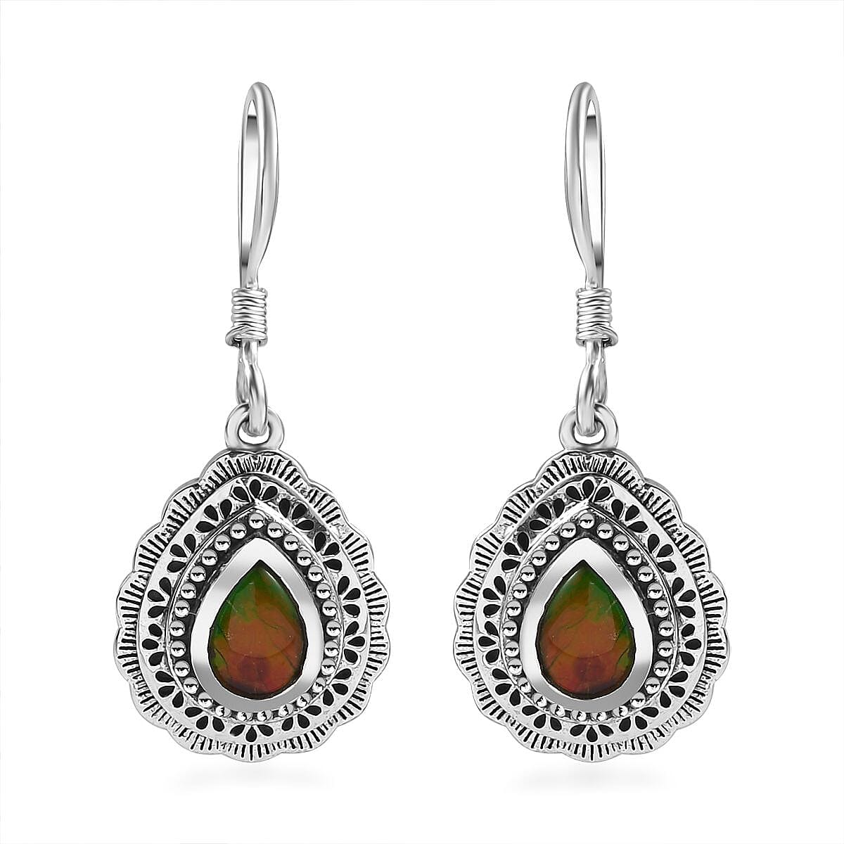 Artisan Crafted Canadian Ammolite Fish Hook Earrings in Sterling Silver