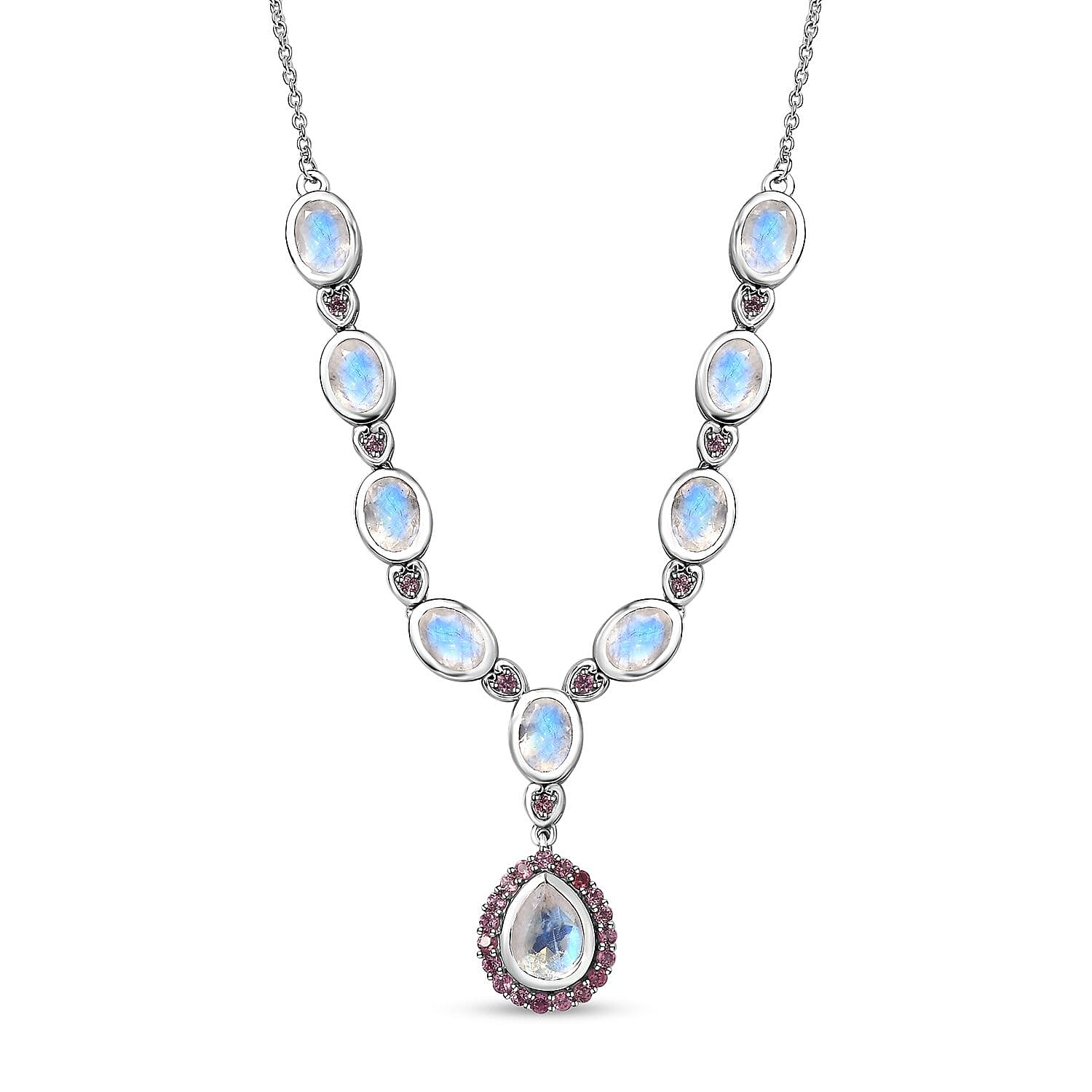 Premium Moon Glow Moonstone and Lotus Garnet Necklace 18-20 Inches in Platinum Over Sterling Silver 8.85 ctw