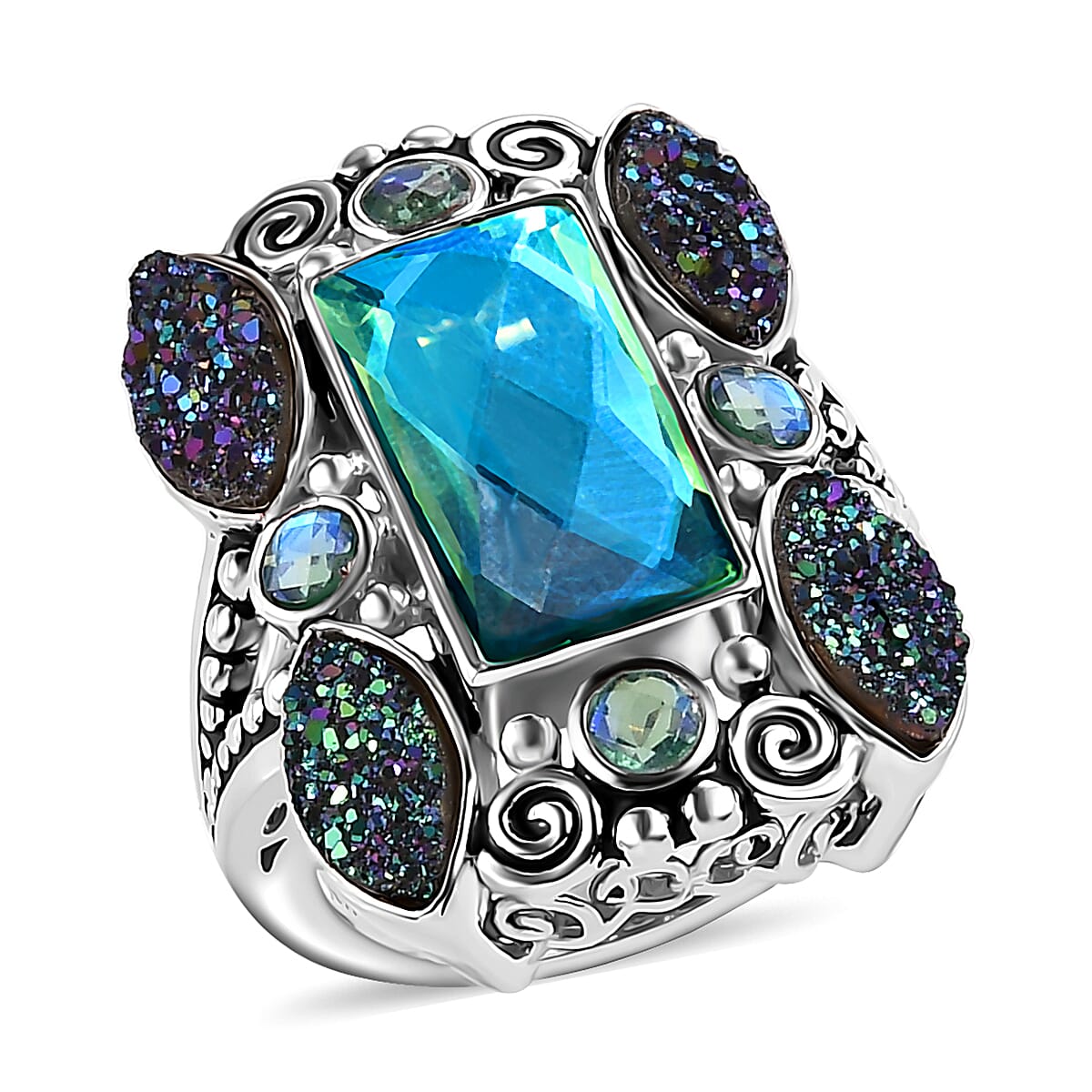 Sajen Silver Rainbow Doublet Perido Quartz, Flat Forest Drusy Quartz Ring in Platinum Over Sterling Silver (Size 10.0) 11.10 ctw