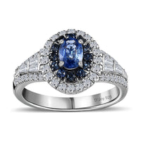 TLV Ceylon Blue Sapphire, Moissanite Halo Ring in Platinum Over Sterling Silver (Size 7.0) 1.60 ctw