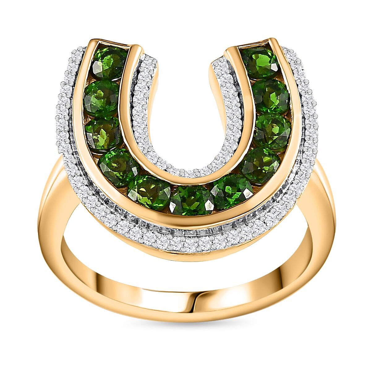 Chrome Diopside, White Zircon Horseshoe Ring in Vermeil YG Over Sterling Silver (Size 10.0) 1.65 ctw