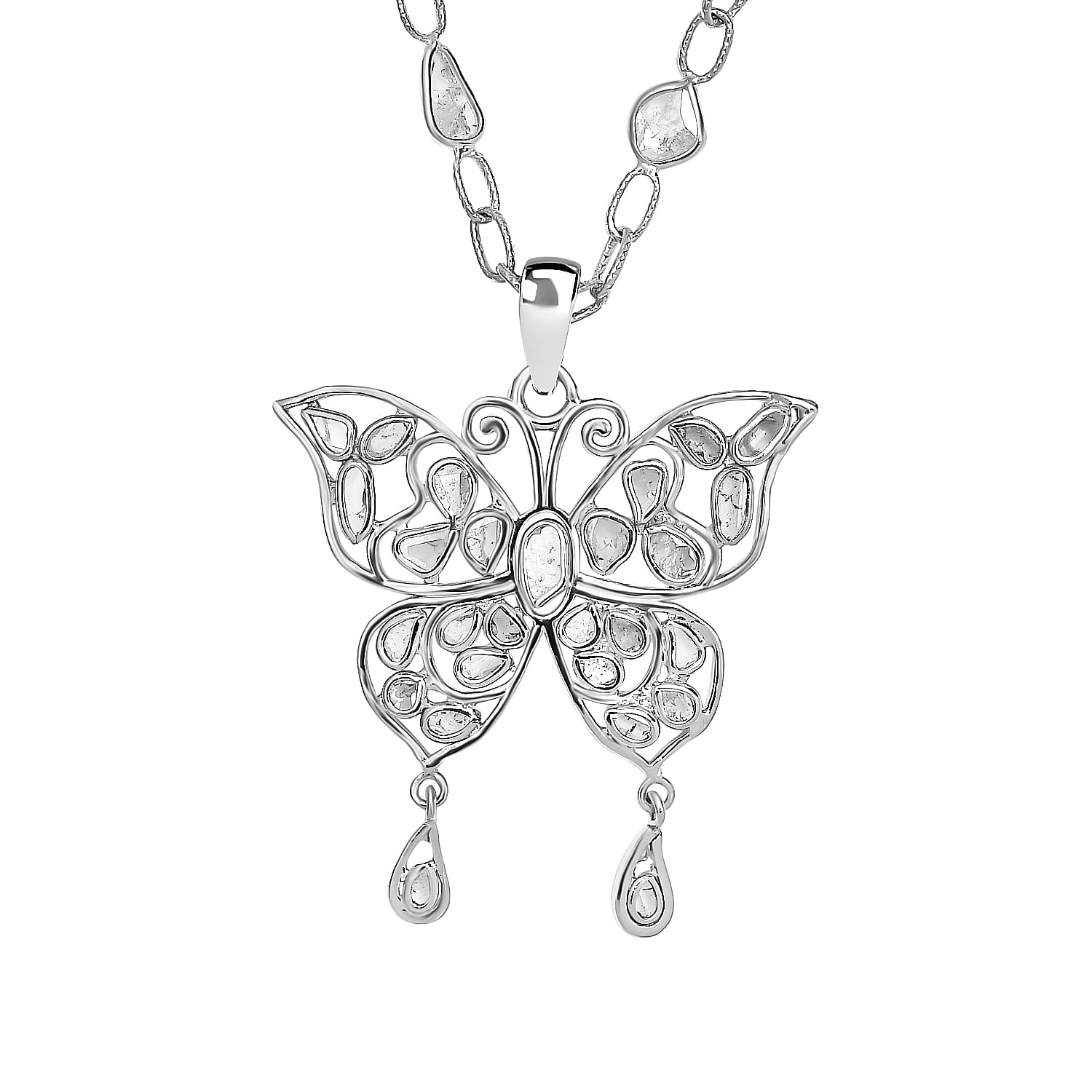 GP Trionfo Collection Polki Diamond Butterfly Necklace (18 Inches) in Platinum Over Sterling Silver (Del. in 8-10 Days) 3.50 ctw