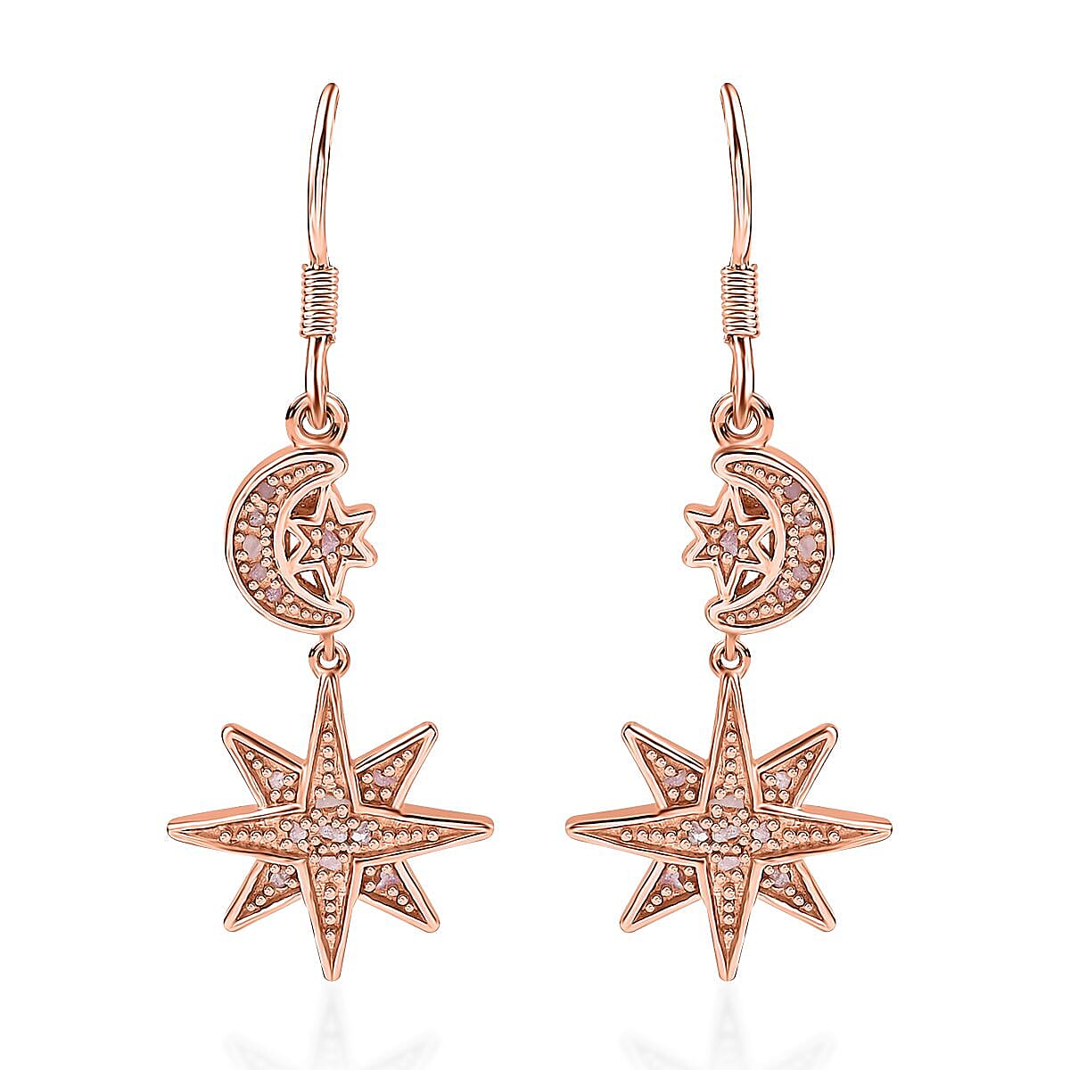 Uncut Natural Pink Diamond Moon Star Earrings in Vermeil RG Over Sterling Silver 0.25 ctw