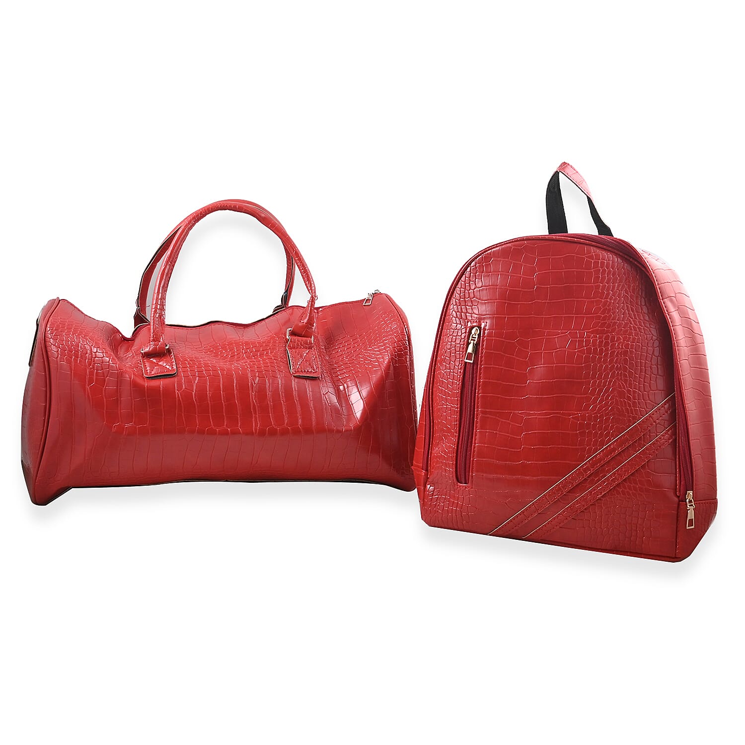TLV Set of 2pcs Red Faux Leather Embossed Pattern Duffle Bag (19.69"x10.24"x7.87") and Backpack (13.39"x11.81"x4.33")