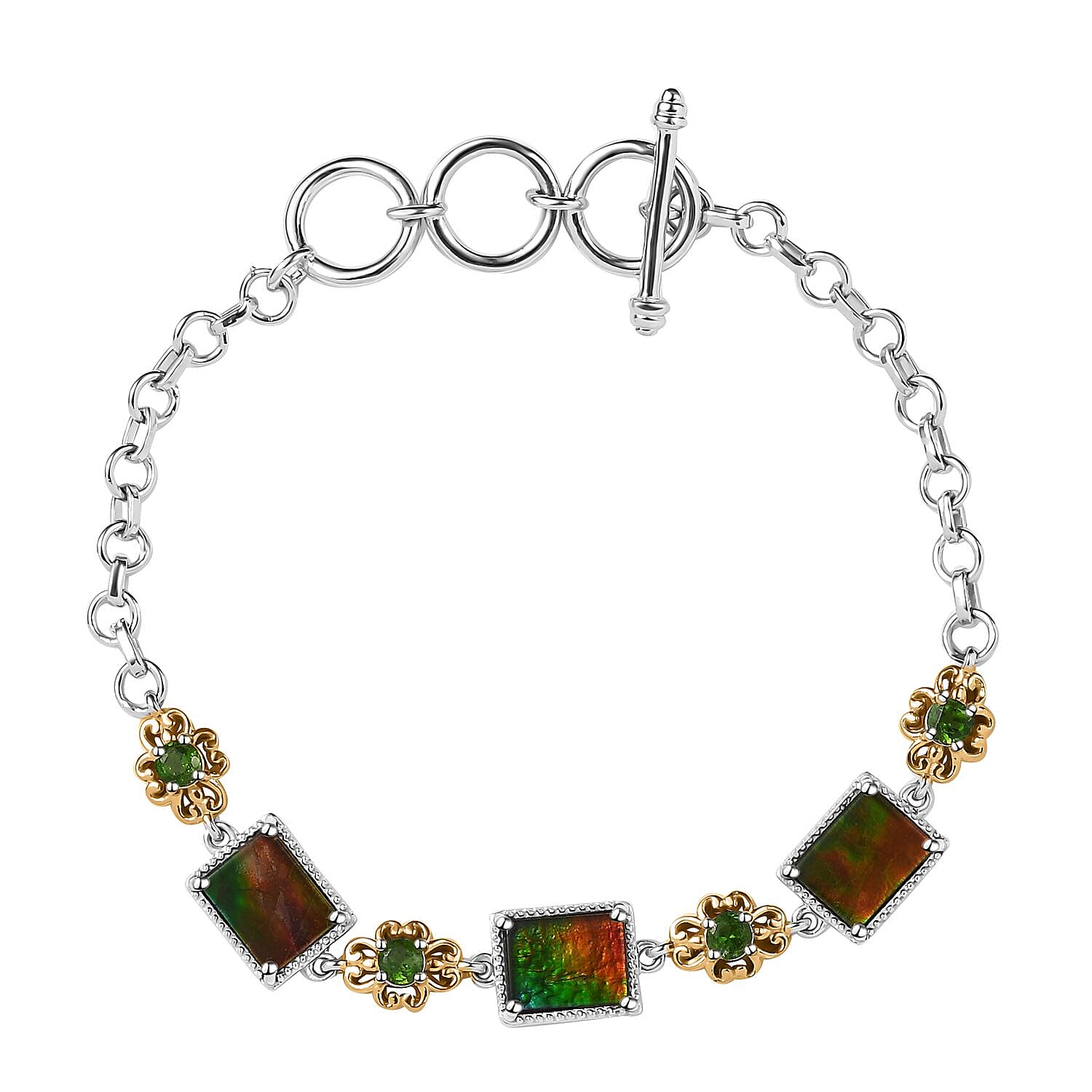 Canadian Ammolite and Chrome Diopside Toggle Clasp Bracelet in Vermeil Yellow Gold and Platinum Over Sterling Silver (6.50-8.0In) 0.80 ctw