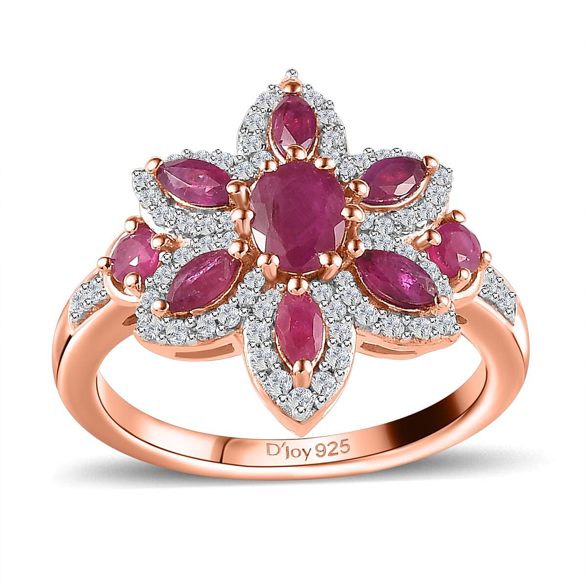 Premium Montepuez Ruby, White Zircon Floral Ring in Vermeil RG Over Sterling Silver (Size 7.0) 1.85 ctw