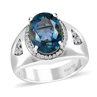 London Blue Topaz, Moissanite Men's Ring in Platinum Over Sterling Silver (Size 10.0) 8.10 ctw