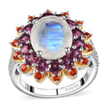 Premium Rainbow Moonstone and Multi Gemstone Floral Ring in Vermeil YG and Platinum Over Sterling Silver (Size 10.0) 7.50 ctw - Sticky add to cart bar