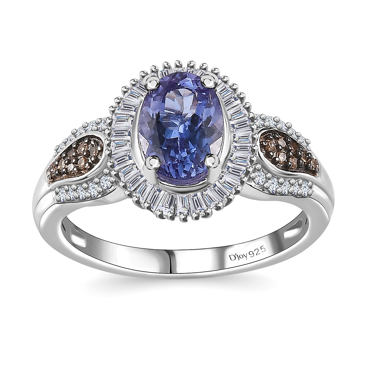 Peacock Tanzanite, Natural Champagne and White Diamond Ring in Platinum Over Sterling Silver (Size 7.0) 1.65 ctw