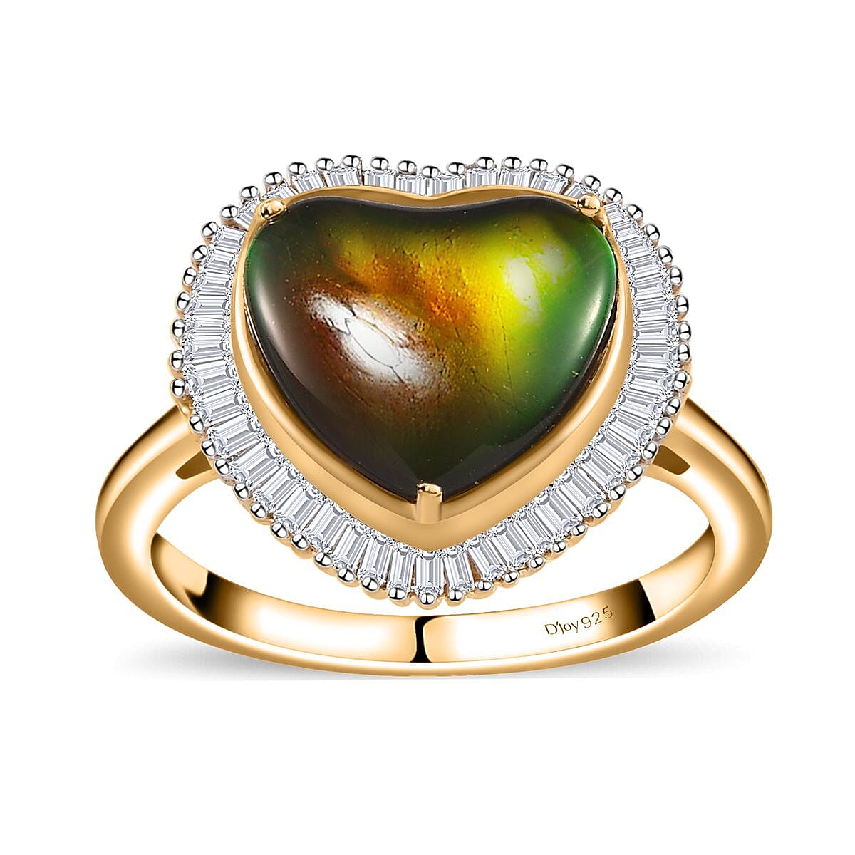 Canadian Ammolite and Diamond Heart Halo Ring in Vermeil Yellow Gold Over Sterling Silver (Size 10.0) 3.80 ctw