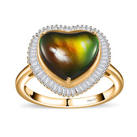 Canadian Ammolite and Diamond Heart Halo Ring in Vermeil Yellow Gold Over Sterling Silver (Size 10.0) 3.80 ctw