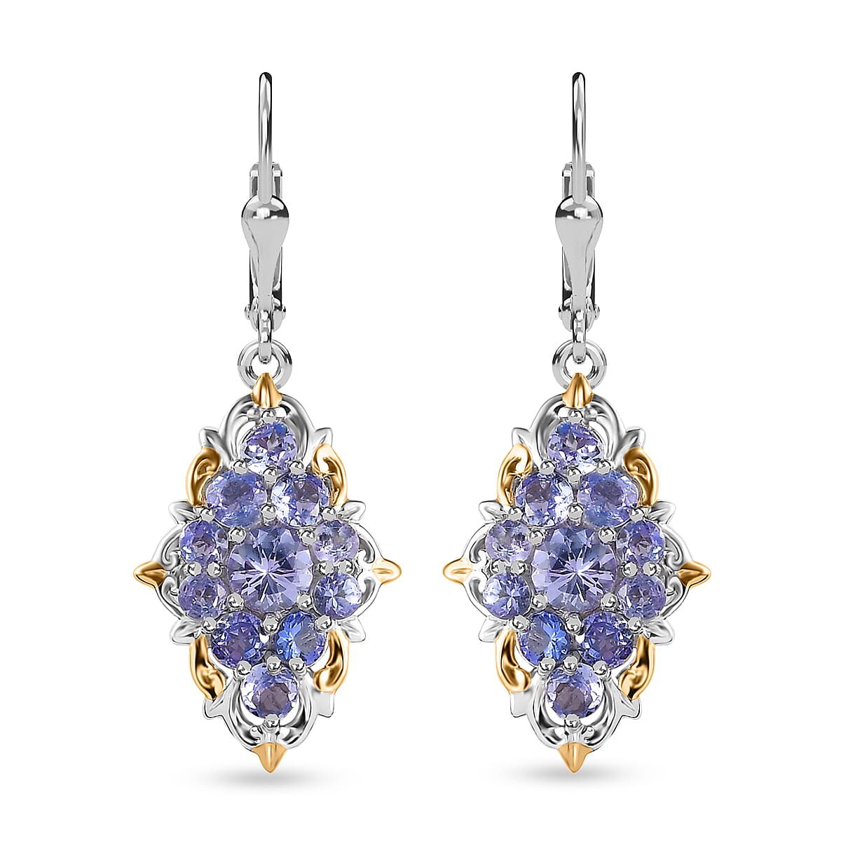 Tanzanite Lever Back Earrings in Vermeil Yellow Gold and Platinum Over Sterling Silver 2.90 ctw