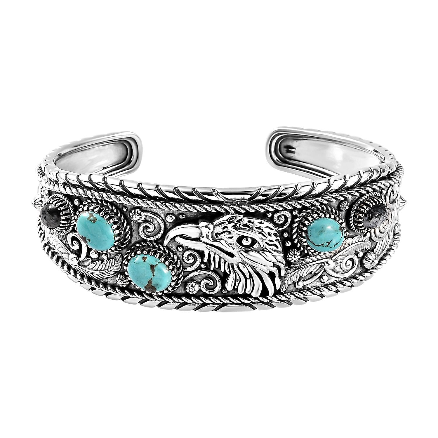Artisan Crafted Sierra Nevada Turquoise and White Buffalo 6.90 ctw Eagle Cuff Bracelet in Sterling Silver (7.25 In)