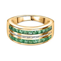 Emerald and White Zircon 1.42 ctw Ring in Vermeil Yellow Gold Over Sterling Silver (Size 11.5)