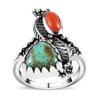 Artisan Crafted Premium Sierra Nevada Turquoise, Coral Ring in Sterling Silver (Size 7.0) 3.15 ctw