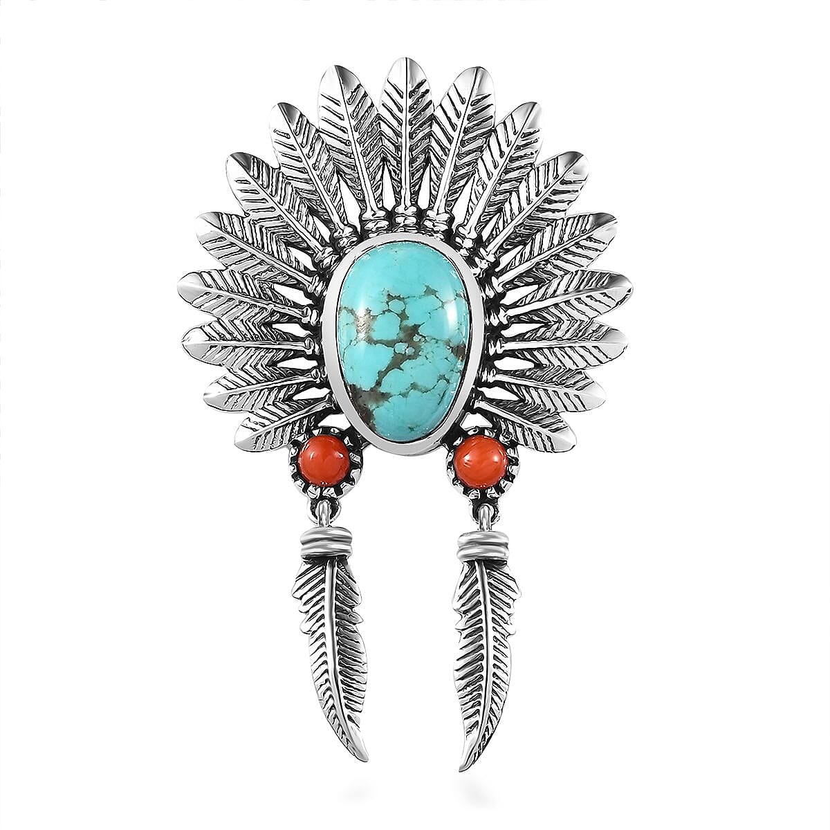 Artisan Crafted Sierra Nevada Turquoise and Coral Feather Pendant without Chain in Sterling Silver 2.50 ctw