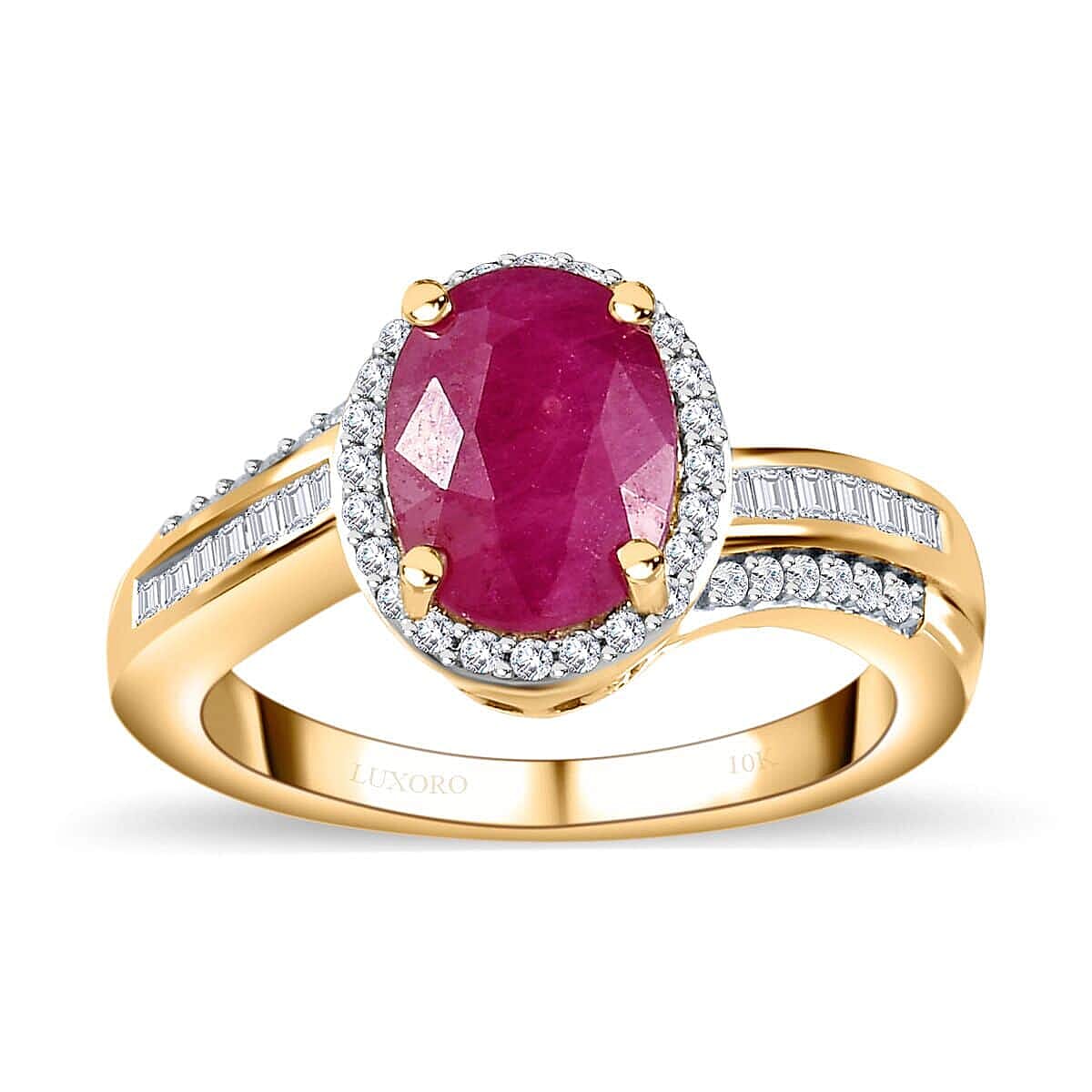 One Time Only Luxoro 10K Yellow Gold Premium Montepuez Ruby, Diamond (G-H, I2) (0.30 cts) Bypass Halo Ring (Size 6.0) 2.50 ctw