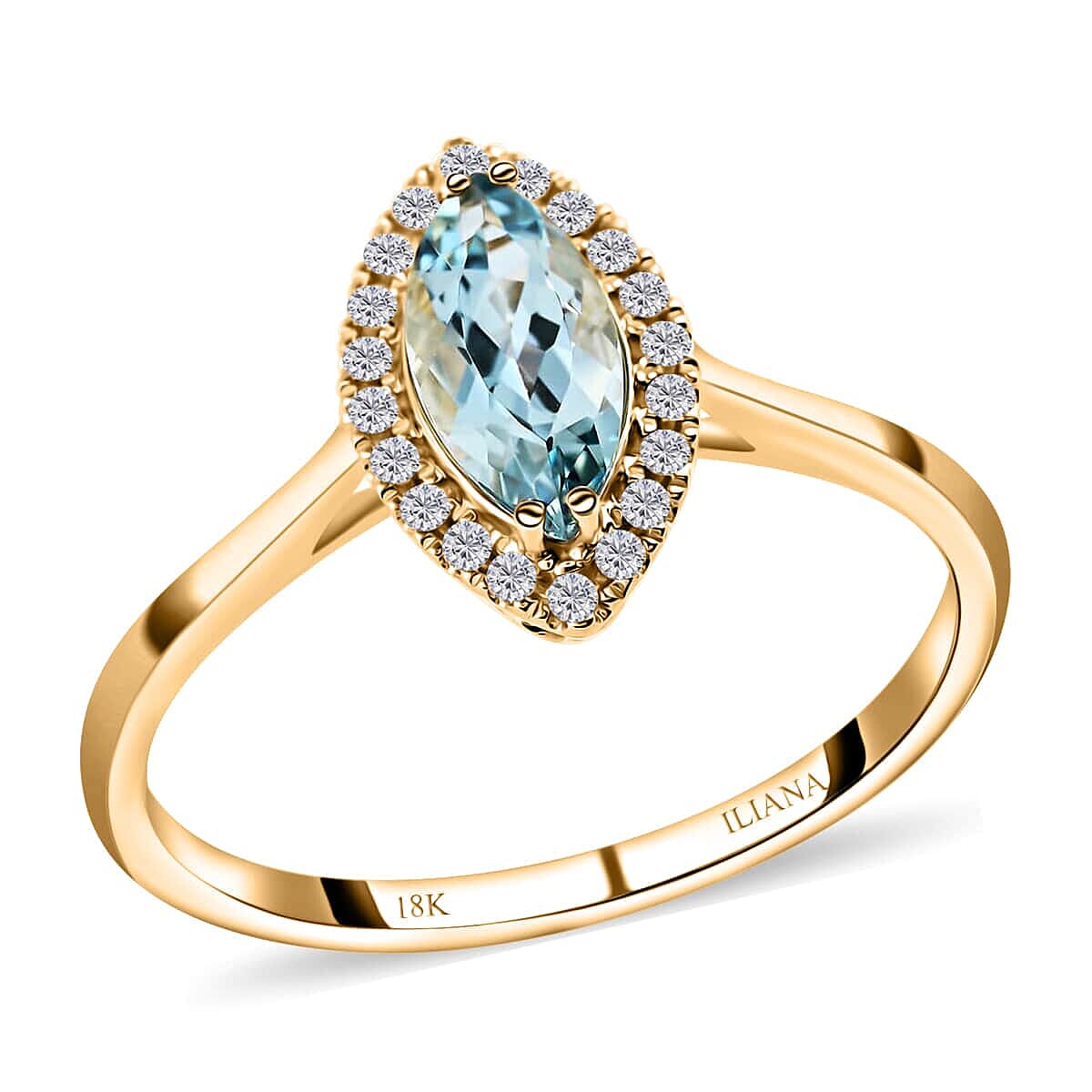 Certified & Appraised ILIANA 18K Yellow Gold AAA Santa Maria Aquamarine and G-H SI Diamond Halo Ring (Size 7.0) 3.40 Grams 1.10 ctw