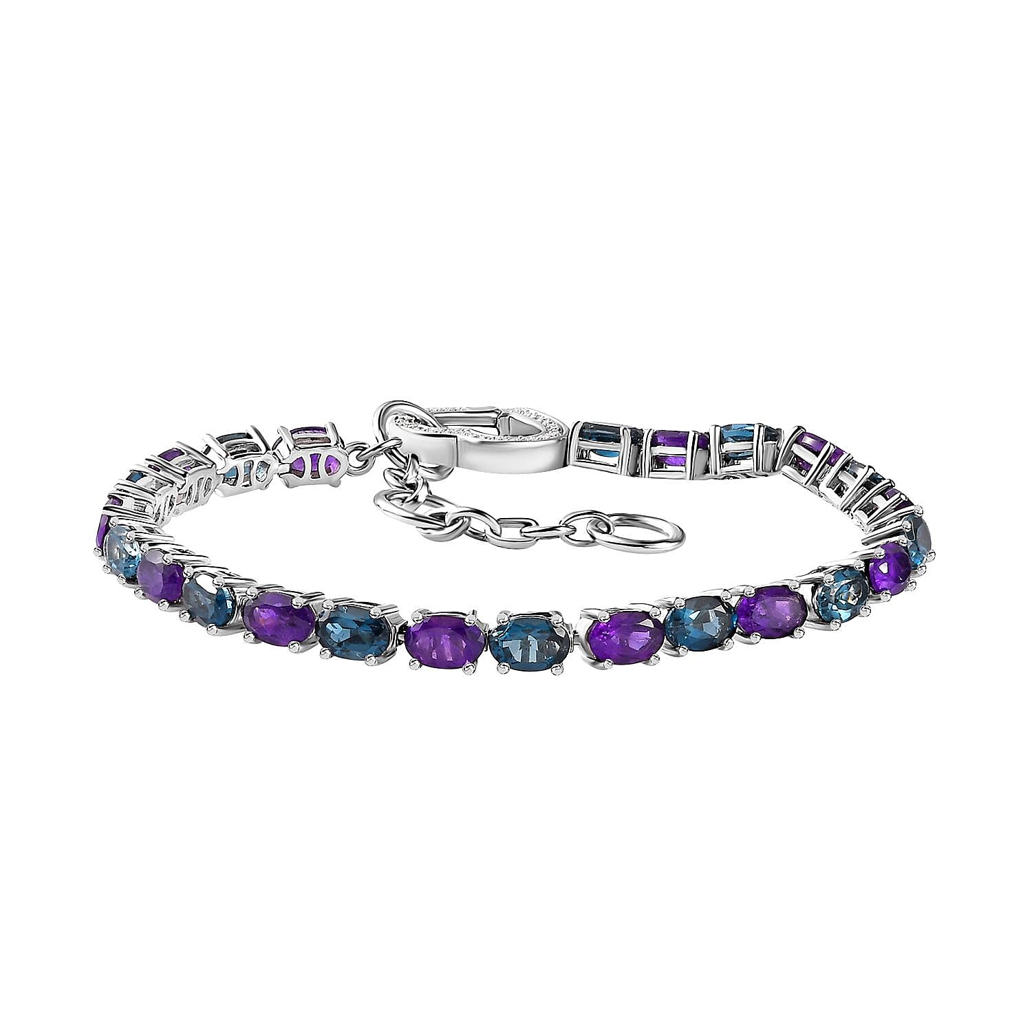 African Amethyst, London Blue Topaz and Moissanite 11.85 ctw Bracelet in Platinum Over Sterling Silver (6.50-8.0In)