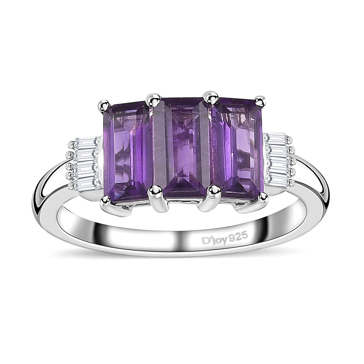 African Amethyst and Diamond 3 Stone Ring in Platinum Over Sterling Silver (Size 10.0) 1.60 ctw