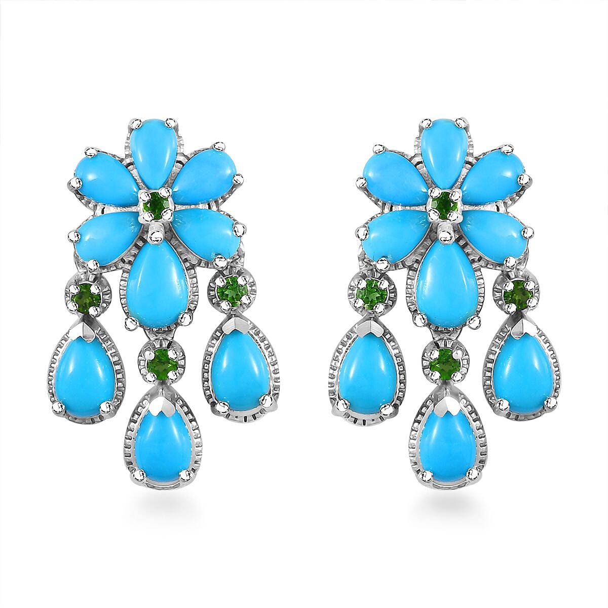 Sleeping Beauty Turquoise and Chrome Diopside Dangling Earrings in Platinum Over Sterling Silver 5.85 ctw