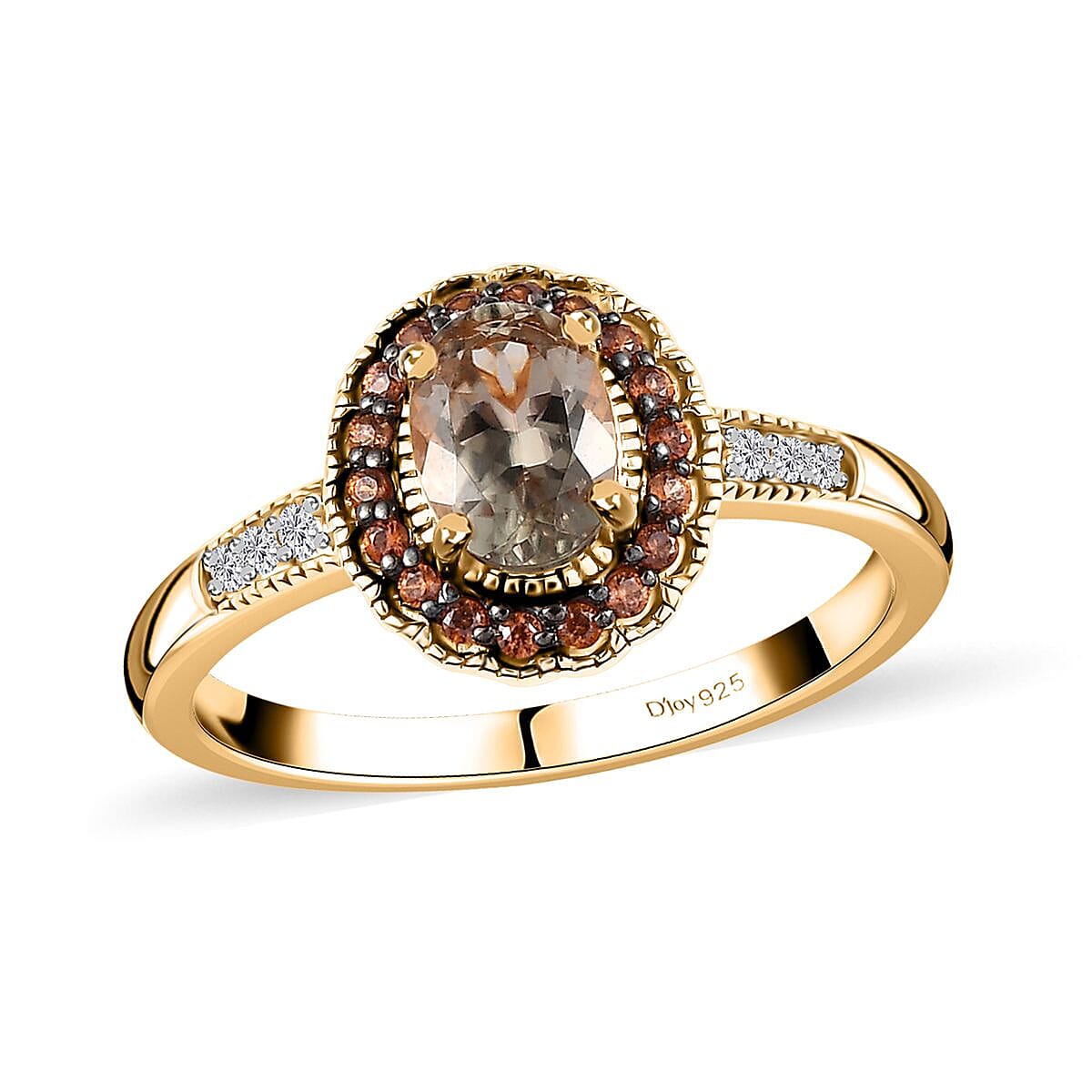 AAA Turkizite, Brown and White Zircon Halo Ring in Vermeil YG Over Sterling Silver (Size 6.0) 1.20 ctw