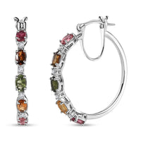 TLV Multi-Tourmaline, White Zircon Hoop Earrings in Platinum Over Sterling Silver 2.50 ctw