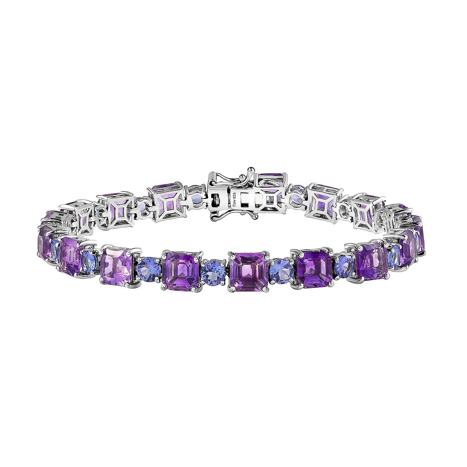 Asscher Cut Moroccan Amethyst and Tanzanite Bracelet in Platinum Over Sterling Silver (7.25 In) 22.10 ctw (Del. in 10-12 Days)