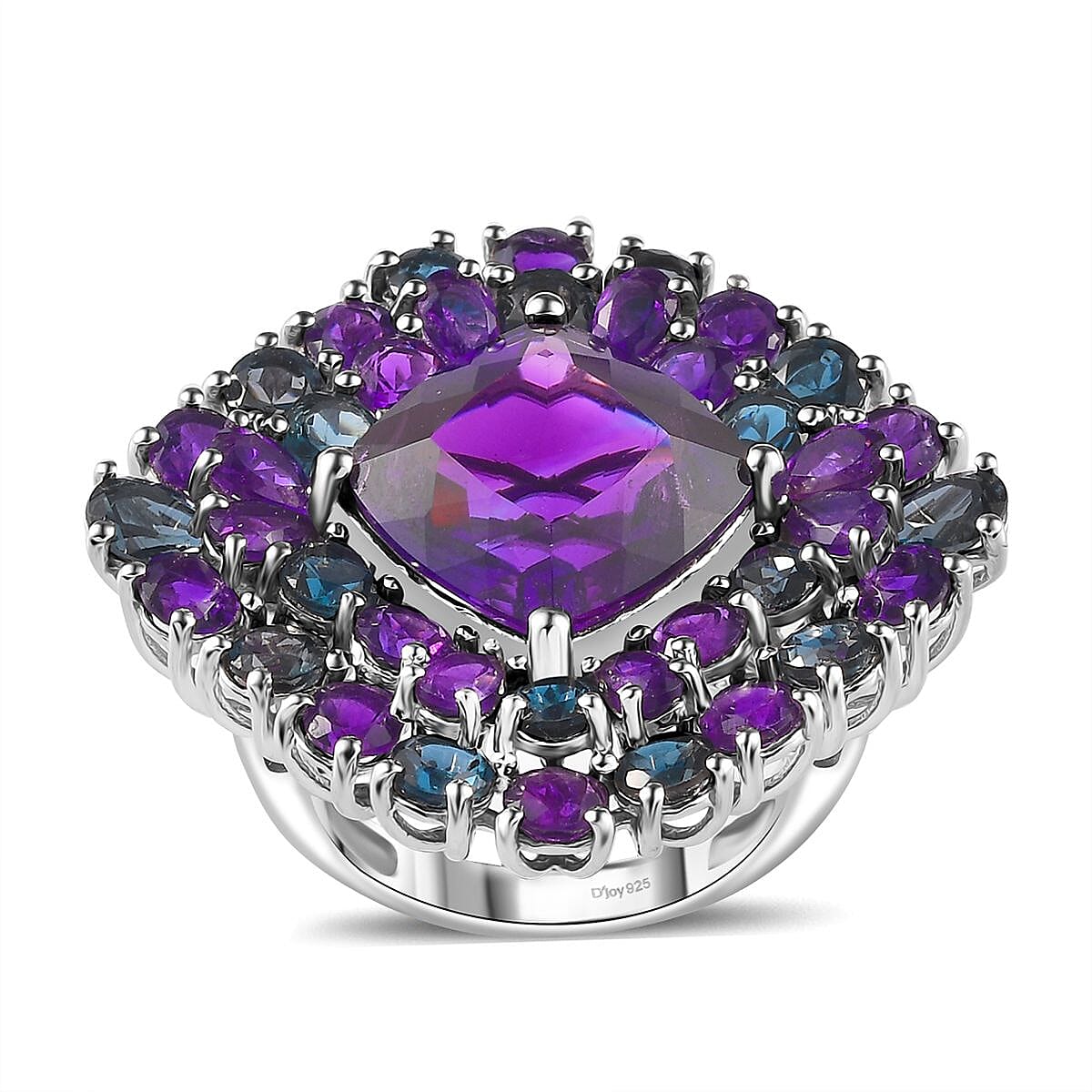 African Amethyst and London Blue Topaz Double Halo Ring in Platinum Over Sterling Silver (Size 10.0) 21.30 ctw