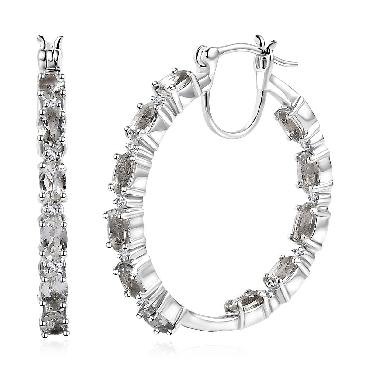 Brazilian Petalite and White Zircon 4.30 ctw Inside Out Hoop Earrings in Platinum Over Sterling Silver