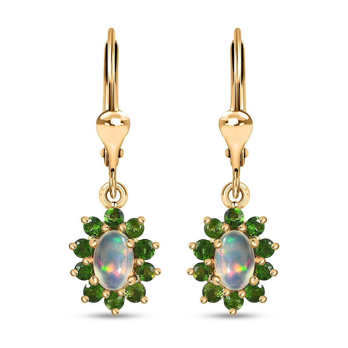 Bali Legacy Ethiopian Welo Opal and Chrome Diopside Sunburst Lever Back Earrings in Vermeil Yellow Gold Over Sterling Silver 1.50 ctw