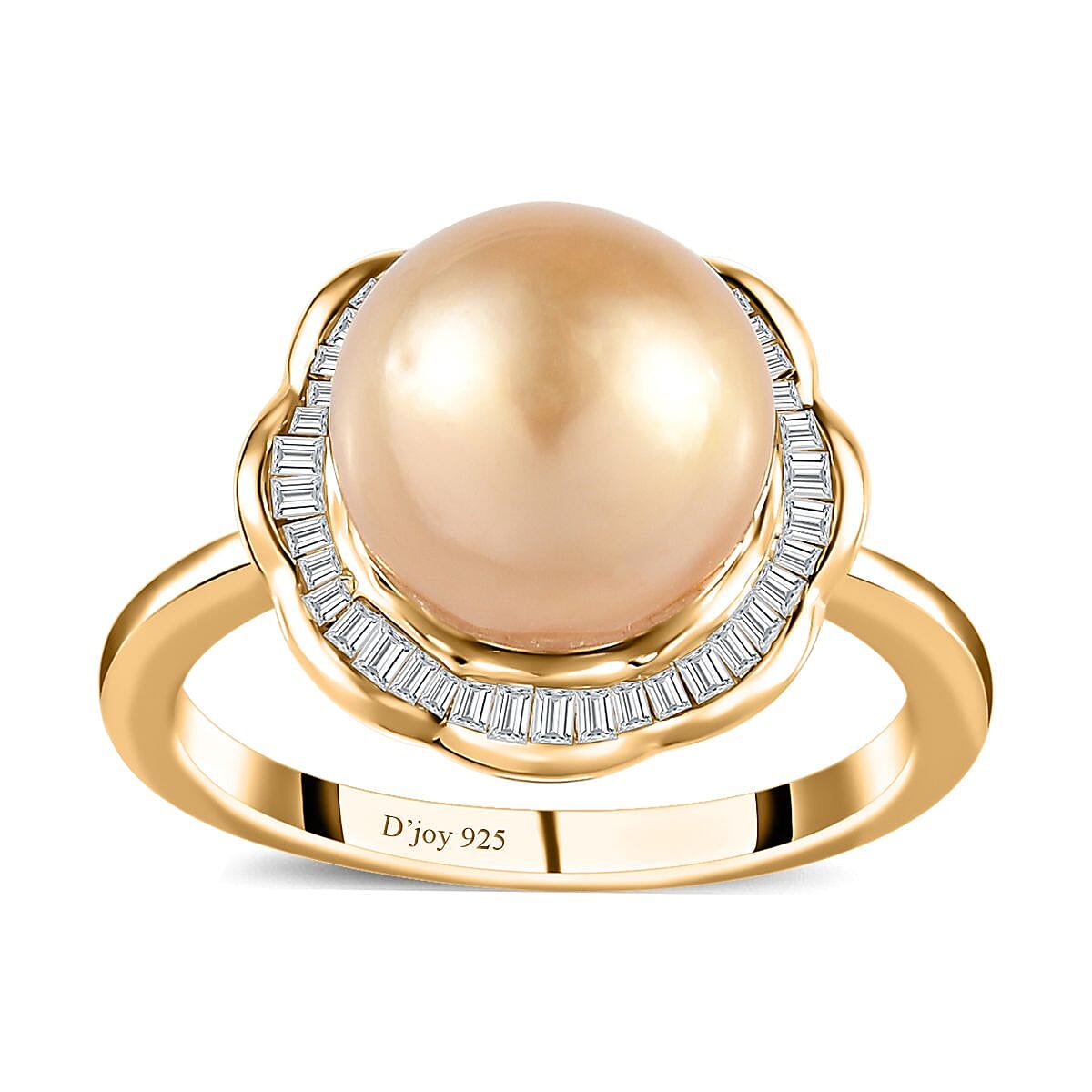 Golden South Sea Pearl, Diamond Ring in Vermeil YG Over Sterling Silver (Size 10.0) 0.40 ctw