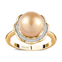 Golden South Sea Pearl, Diamond Ring in Vermeil YG Over Sterling Silver (Size 10.0) 0.40 ctw