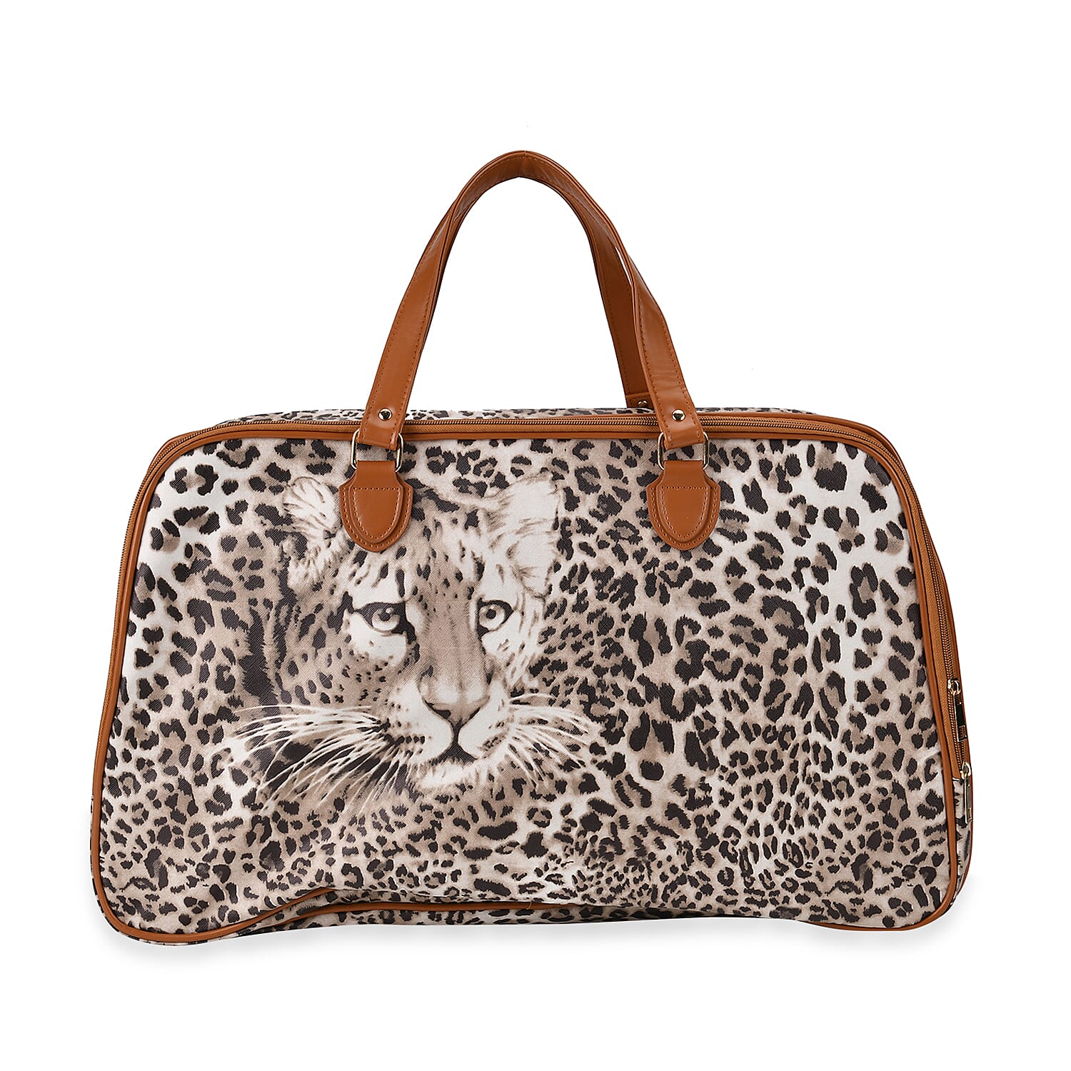 Brown Leopard Head Print Faux Leather Travel Bag with Handle Drops