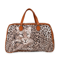 Brown Leopard Head Print Faux Leather Travel Bag with Handle Drops