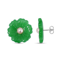 Green Jade Carved Flower, Peach Freshwater Cultured Pearl Floral Stud Earrings in Rhodium Over Sterling Silver 25.00 ctw