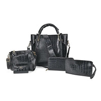 TLV Set of 5pcs Black Crocodile Embossed Faux Leather Tote Bag, Crossbody Bag, Wrist Pouch, Wallet and Card Holder (7.5"x3.9" - 9.8"x4.7"x9.4")
