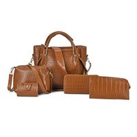 TLV Set of 5pcs Black Crocodile Embossed Faux Leather Tote Bag, Crossbody Bag, Wrist Pouch, Wallet and Card Holder (7.5"x3.9" - 9.8"x4.7"x9.4")