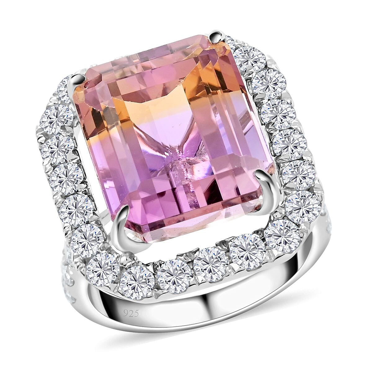 Bi Color Ametrine and Moissanite Halo Ring in Sterling Silver (Size 10.0) 12.35 ctw