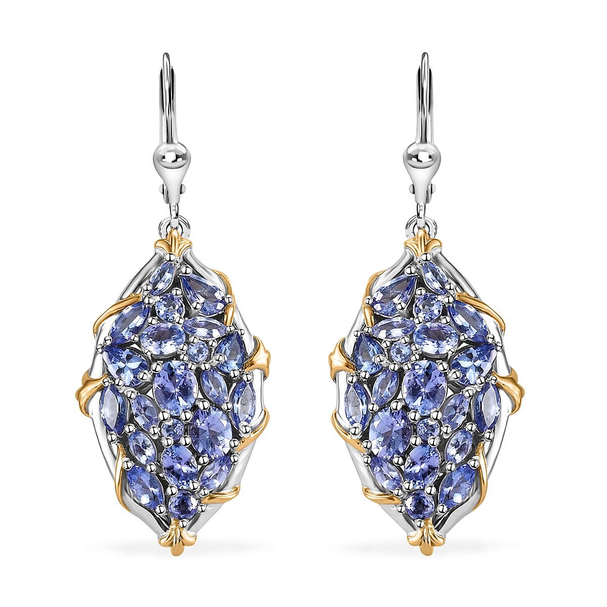 Tanzanite Lever Back Earrings in 14K YG and Platinum Over Sterling Silver 5.50 ctw