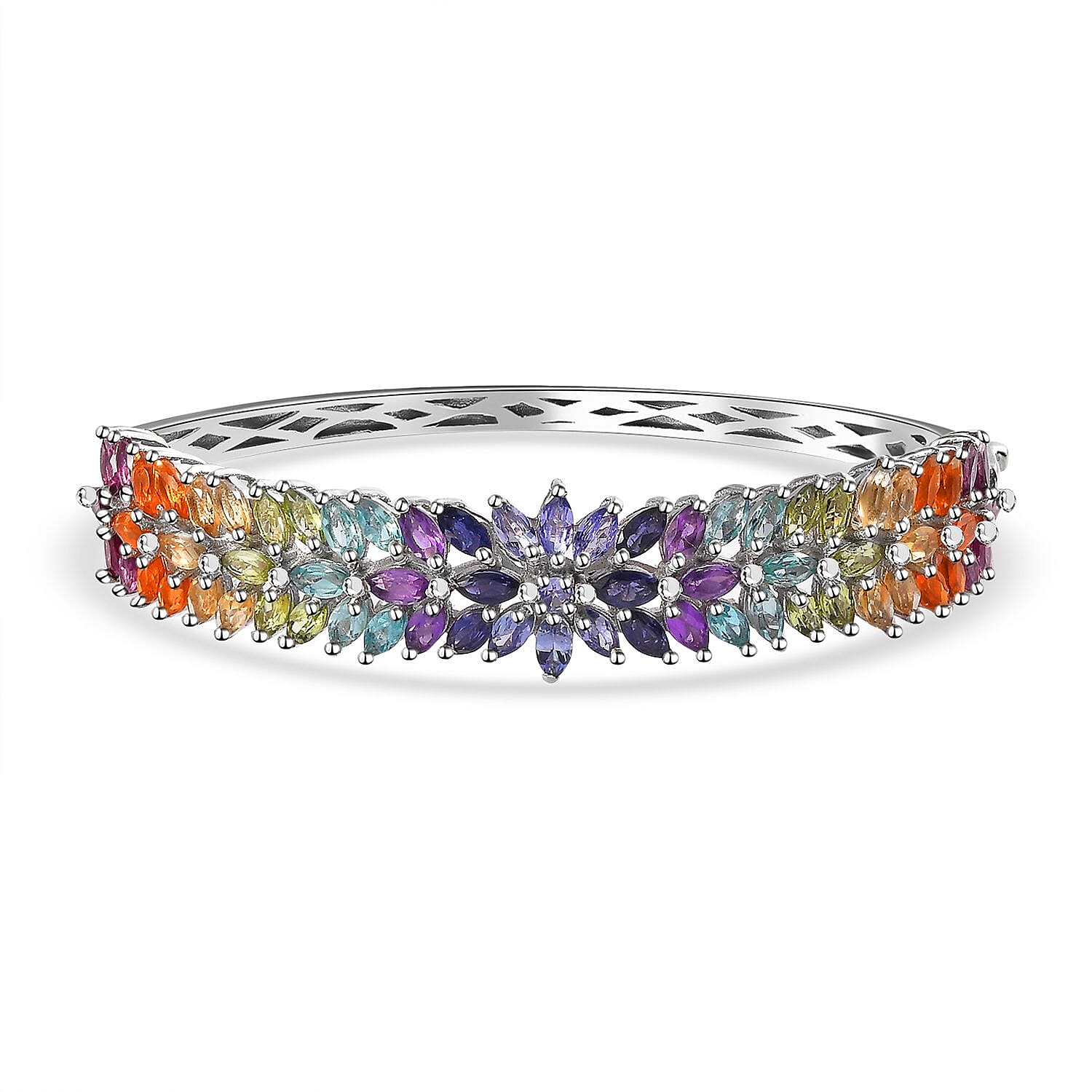 TLV Multi Gemstone Floral Spray Bangle Bracelet in Platinum Over Sterling Silver (6.50 In) 11.15 ctw