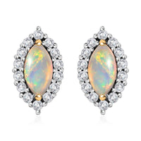 Ethiopian Welo Opal and White Zircon Halo Stud Earrings in Vermeil Yellow Gold Over Sterling Silver 1.35 ctw