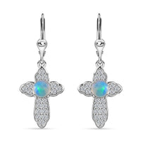 D'Joy Ethiopian Welo Opal and White Zircon Cross Earrings in Platinum Over Sterling Silver 2.25 ctw