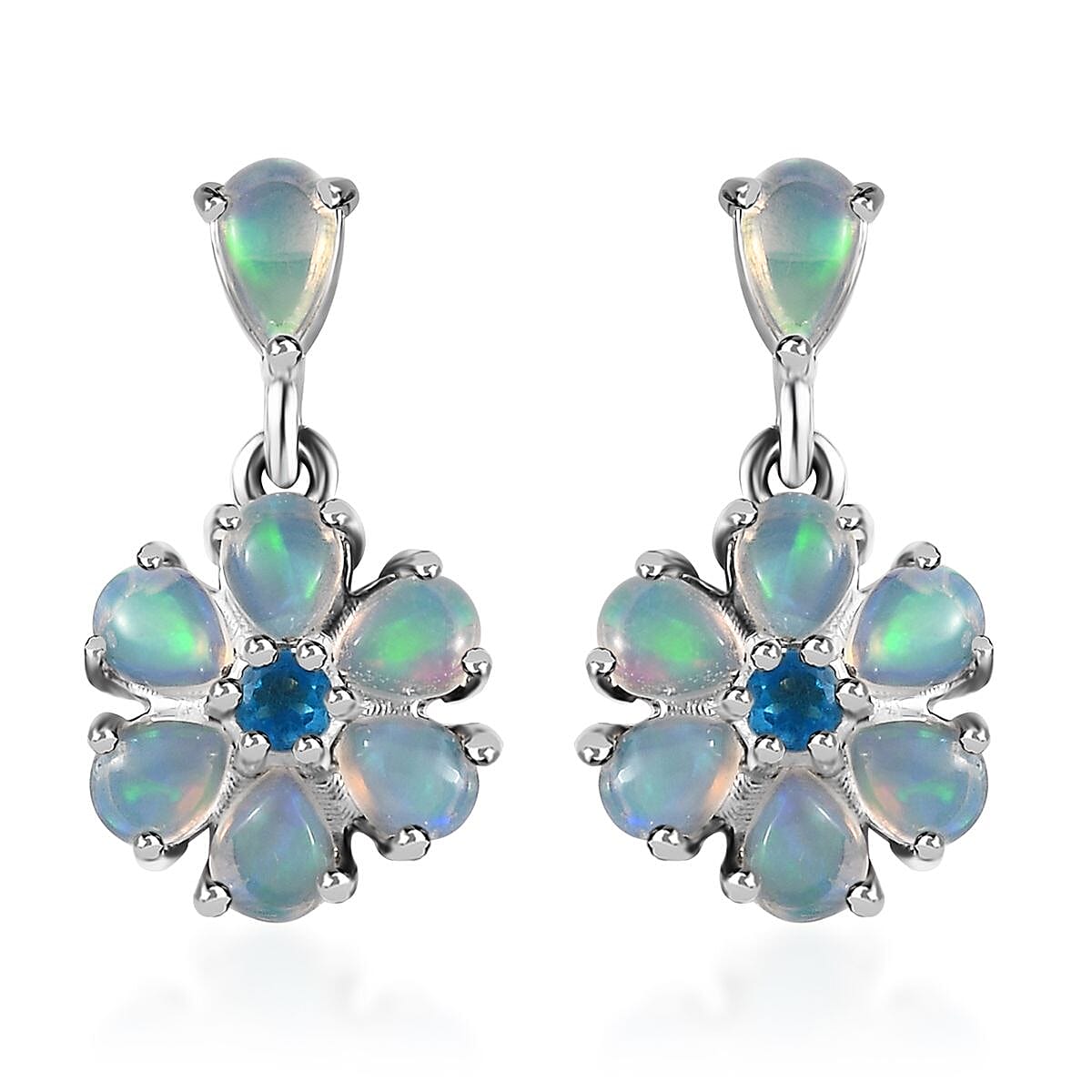 Ethiopian Welo Opal and Malgache Neon Apatite Floral Earrings in Platinum Over Sterling Silver 1.60 ctw